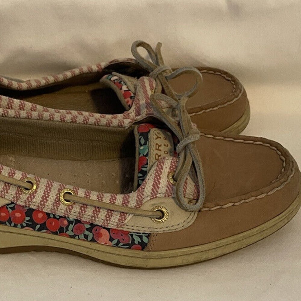 Sperry Top Sider Angelfish Boat Shoes Tan Linen Floral Slip-On Women's 7.5M